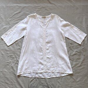 Terzo Millennio 100% White Linen Hi-low Hem Roll-Tab Tunic Top Blouse Size Large